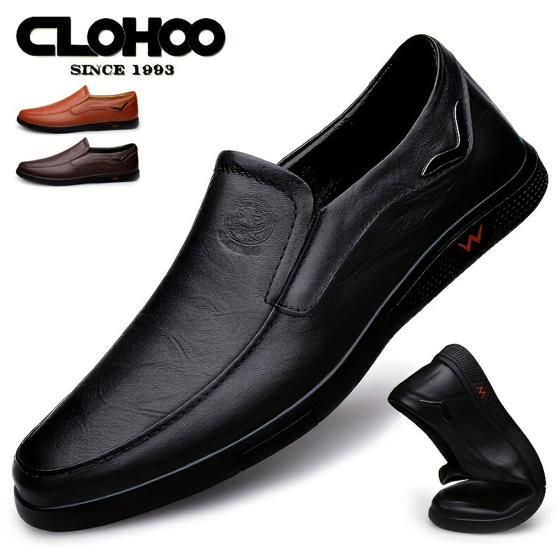CLOHOO Men's Slip-On Casual Shoes - Genuine Leather Upper, Rubber Sole with PU Cushioned Insole, All-Season Comfort for Business & Vacation, Brown/Black, Casual Footwear | Classic Slipon | Rubber Sole Footwear